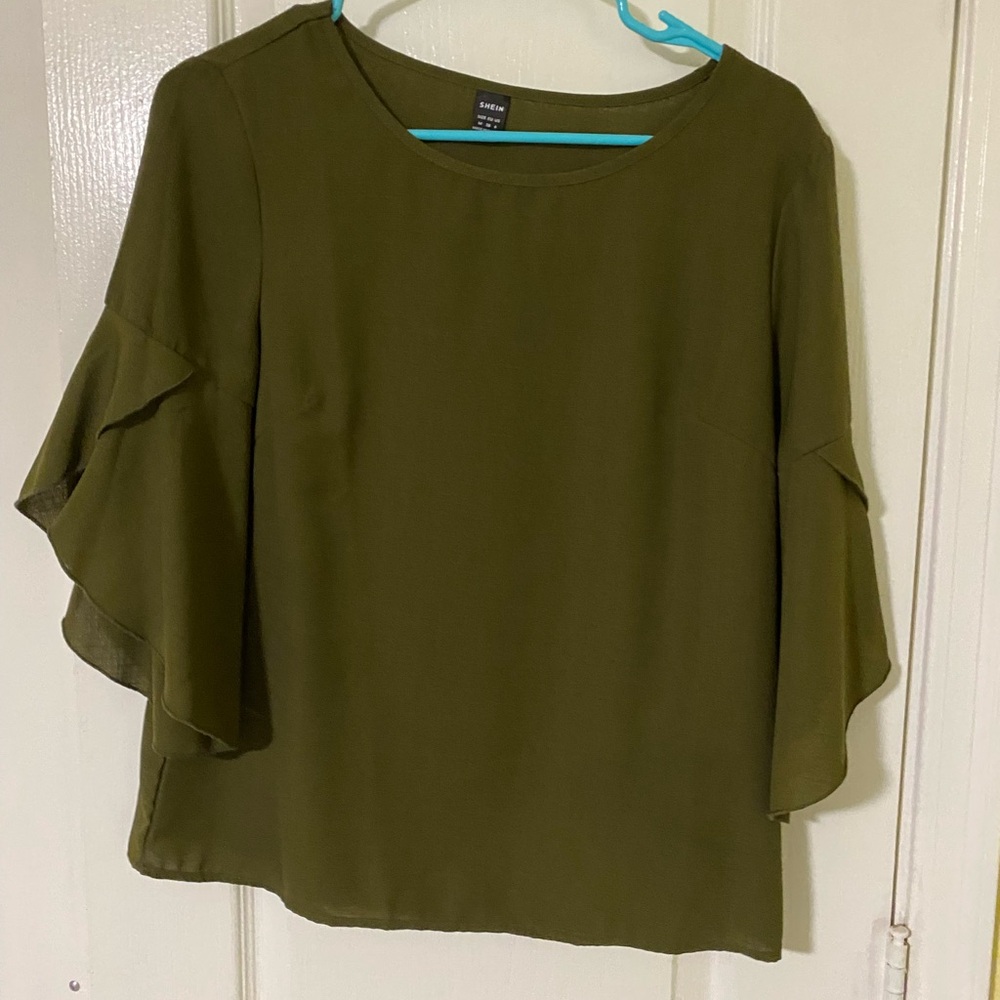 Olive Green Ruffle Sleeve Top